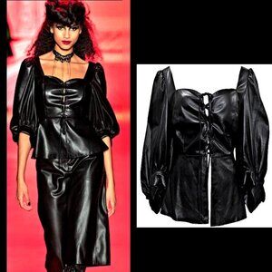 ANNA SUI Black Faux Leather Blouse w/Lace Up Front A/W 2020 Runway Look #16
